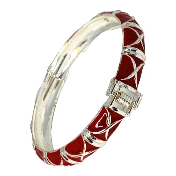 Vintage Red Silver Tone Bangle Bracelet 7.5" Hinged Nautical Formal Christmas - Picture 9 of 10